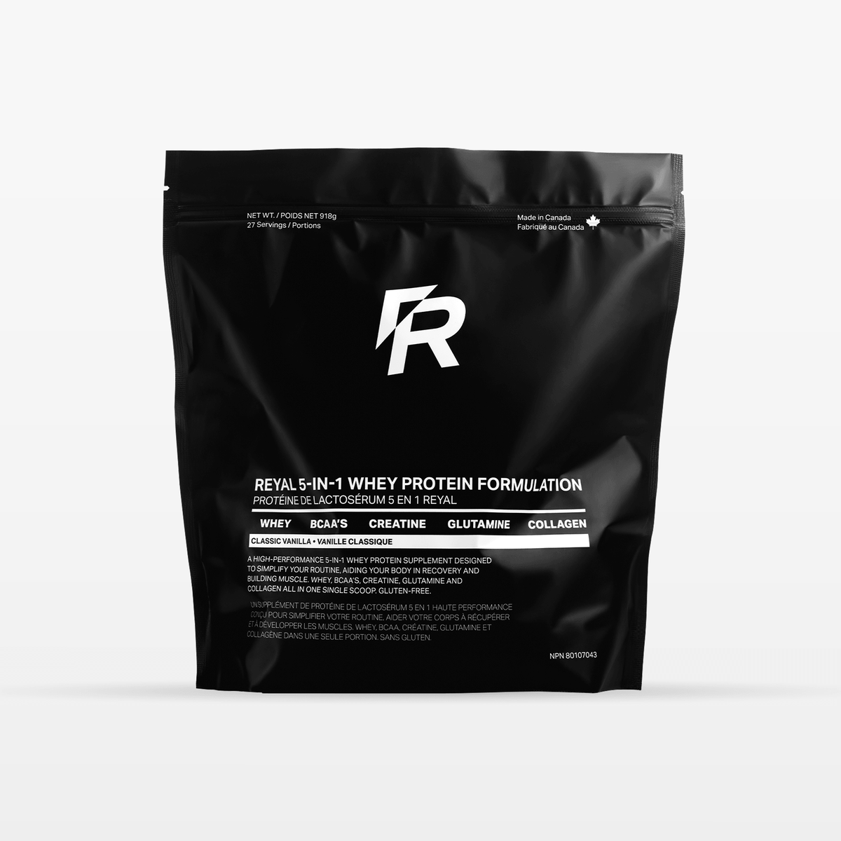 5-IN-1 REYAL WHEY PROTEIN FORMULATION [VANILLA] packaging, designed for muscle recovery and performance, cruelty-free.