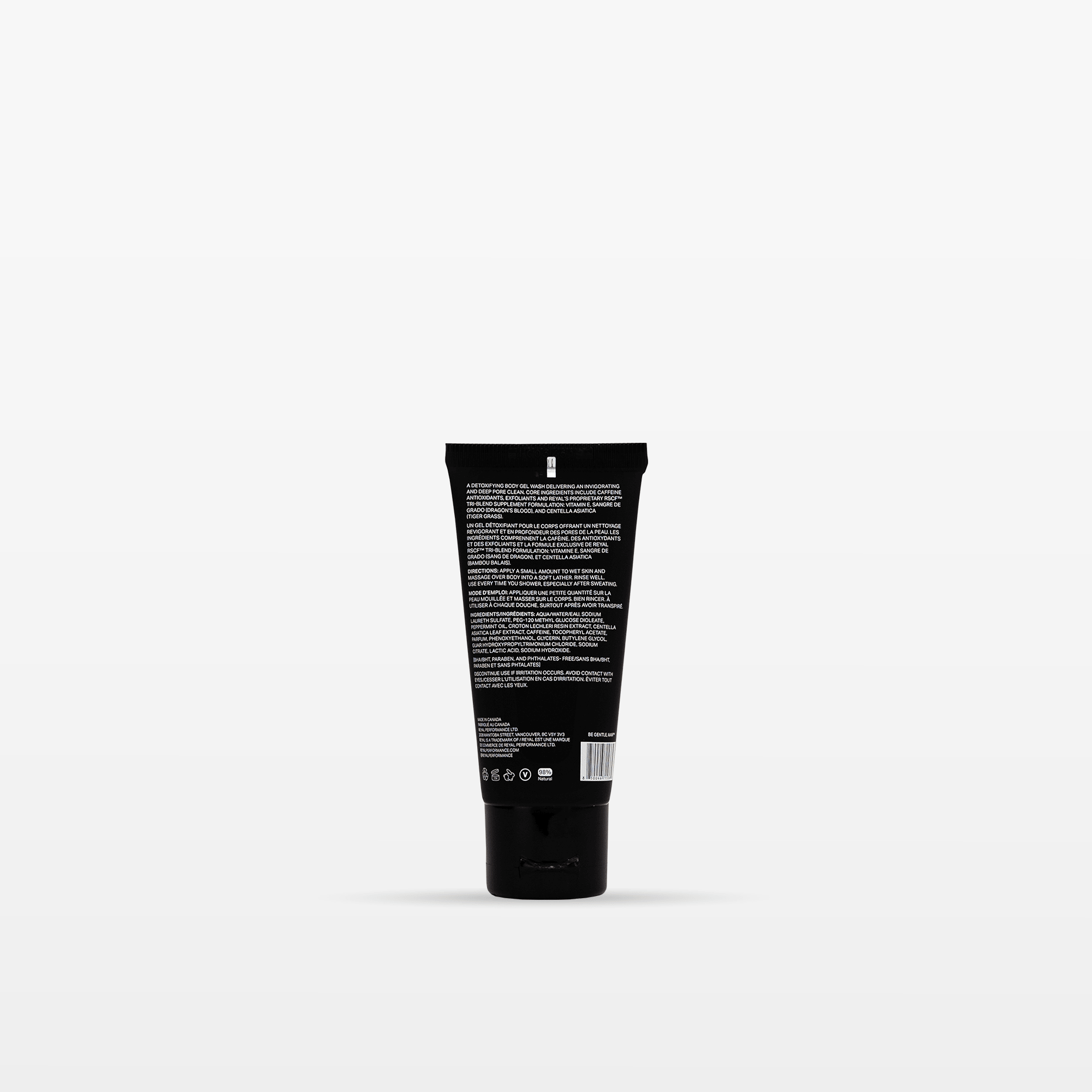 CLEANSING BODY WASH [TRAVEL] 30 ML tube showing ingredients and usage instructions on a black background.