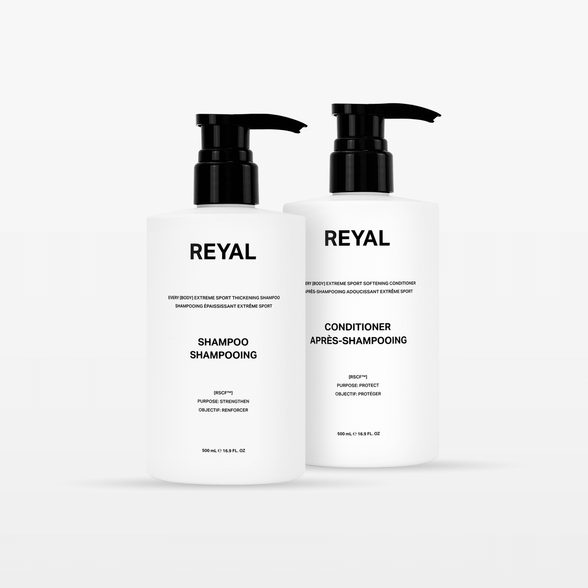 THE HAIR CARE ROUTINE featuring REYAL Thickening Shampoo and Softening Conditioner for athletes.
