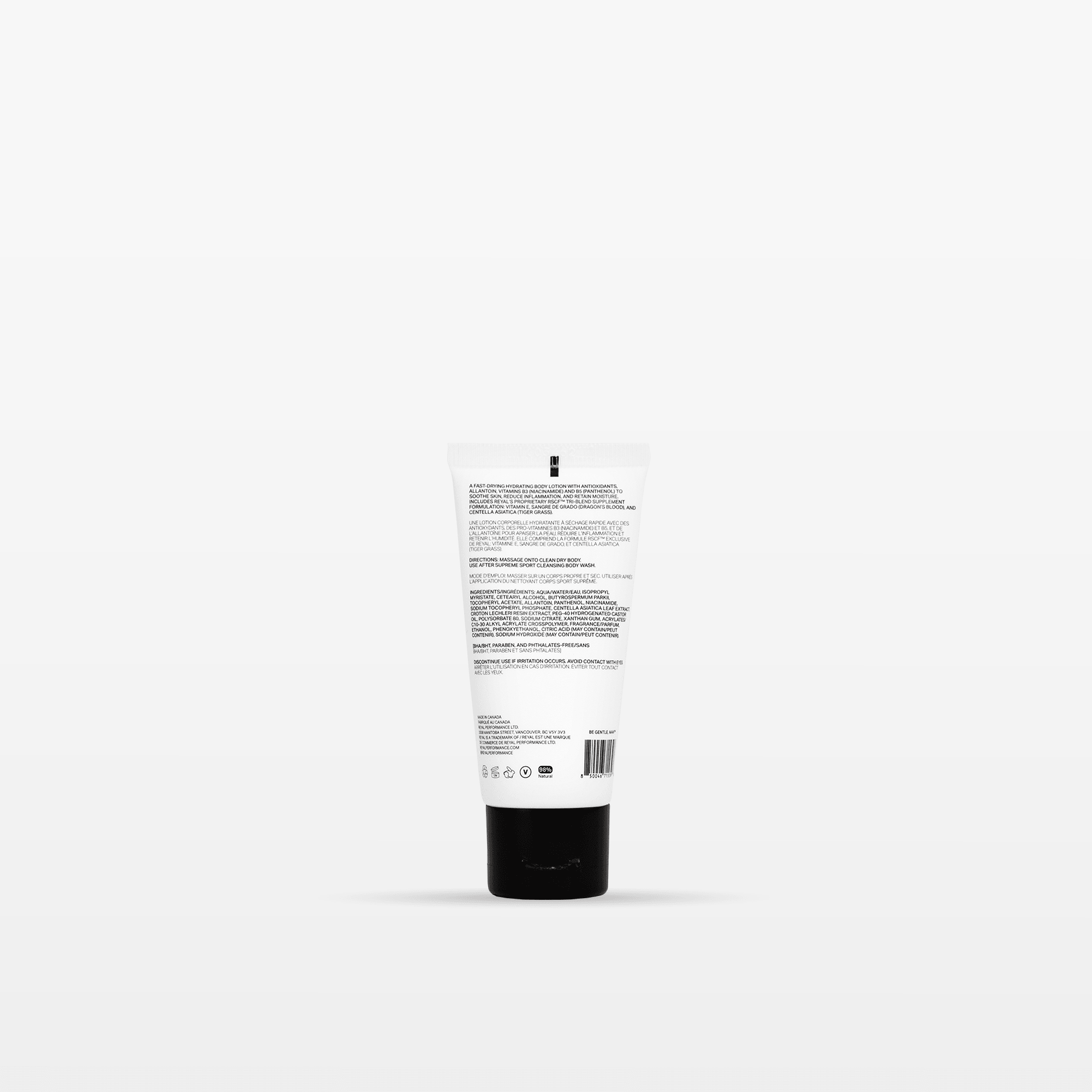 HYDRATING HAND + BODY LOTION [TRAVEL] tube back view, lightweight formula for hydration and quick absorption.