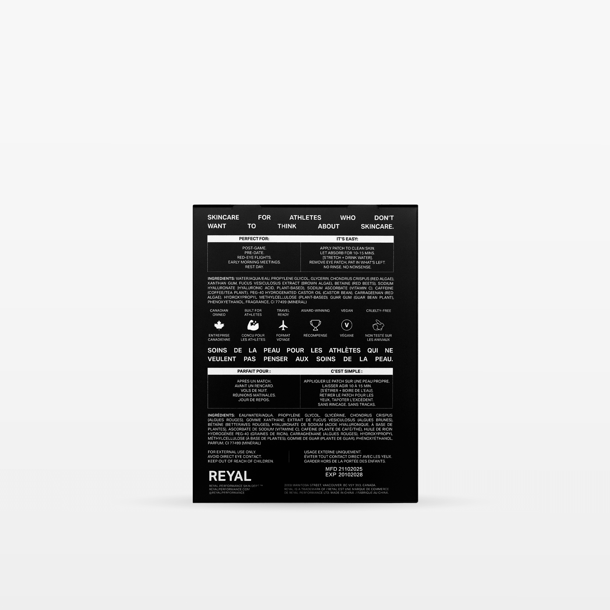 RECOVERY EYE PATCHES [6 PAIRS] product packaging featuring skincare information for athletes.
