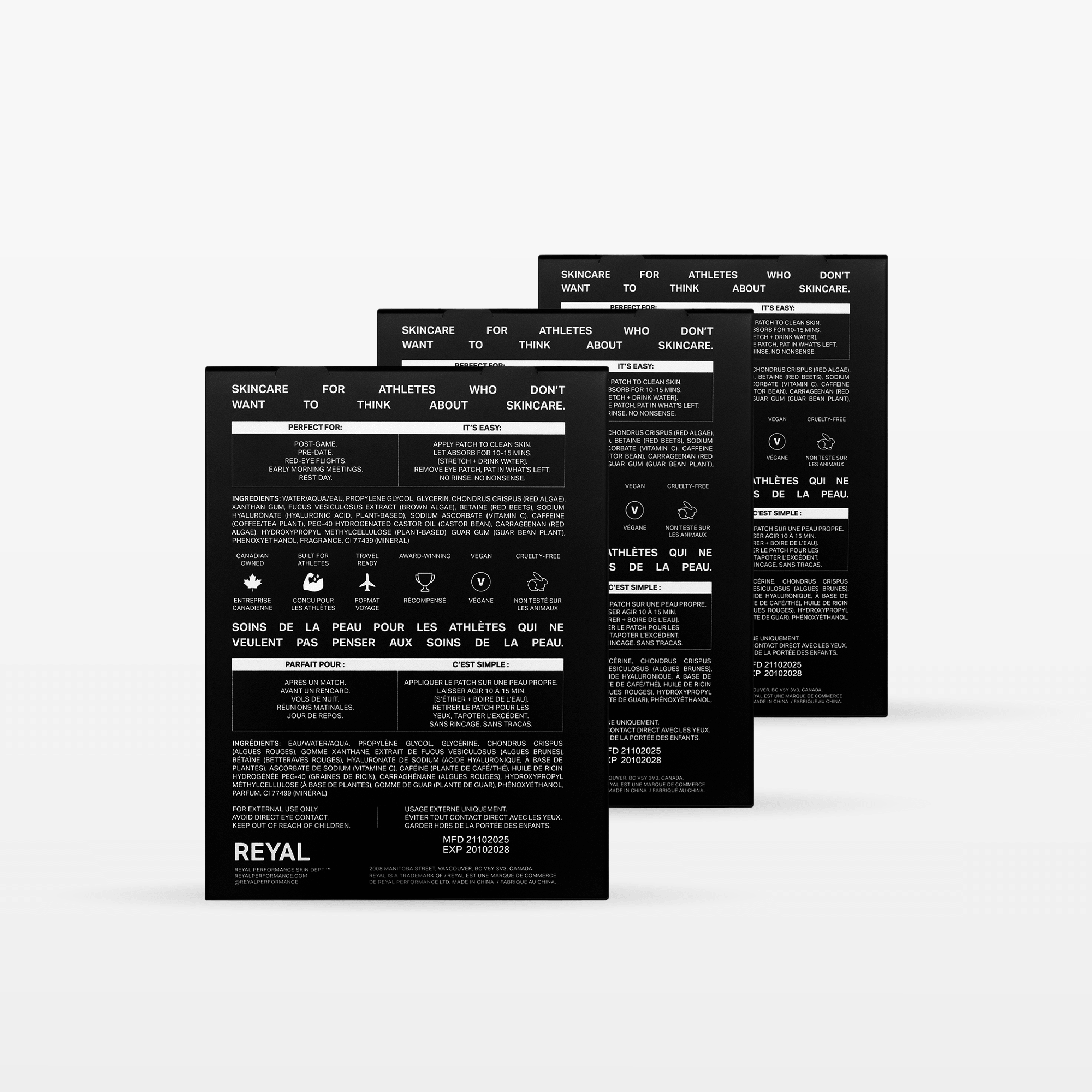 RECOVERY EYE PATCHES [18 PAIRS] packaging design highlighting skincare benefits for athletes.