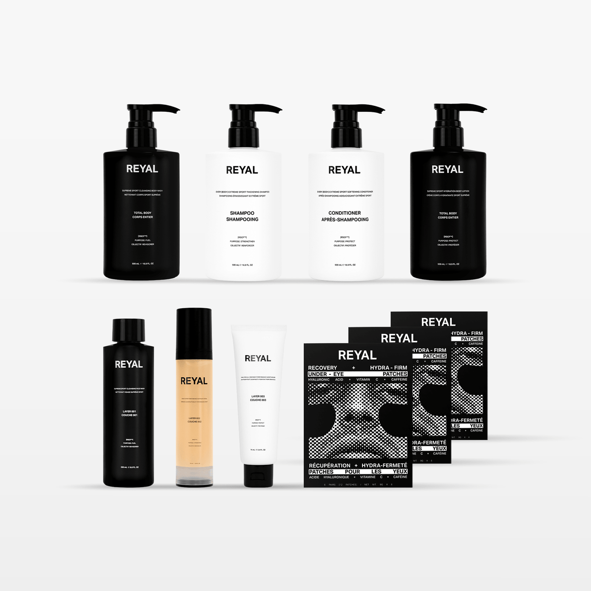 THE FULL ROUTINE featuring REYAL face care, shower products, and recovery eye patches for daily skin care.