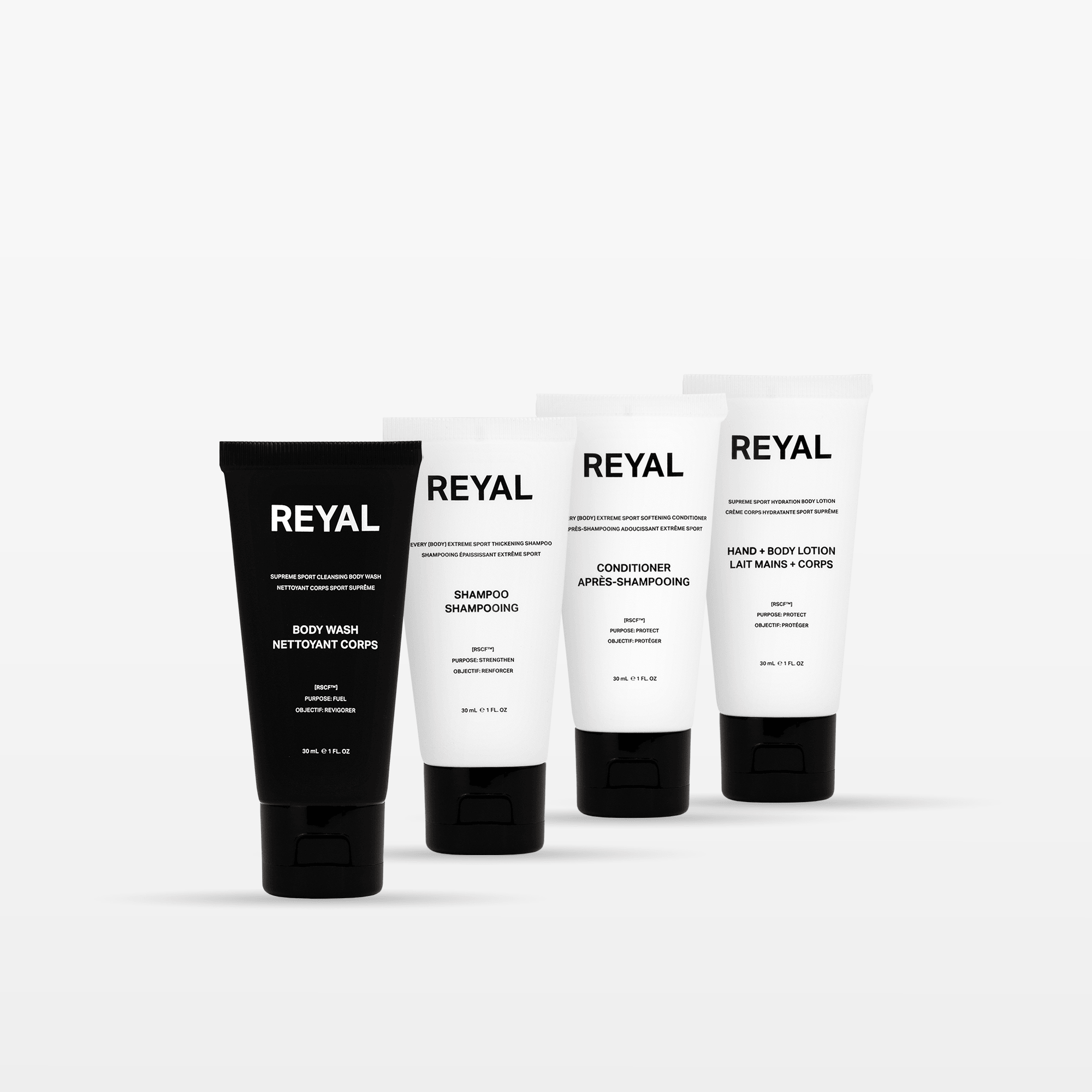 SHOWER EXPERIENCE [TRAVEL] includes four travel-size REYAL products for a complete shower experience.