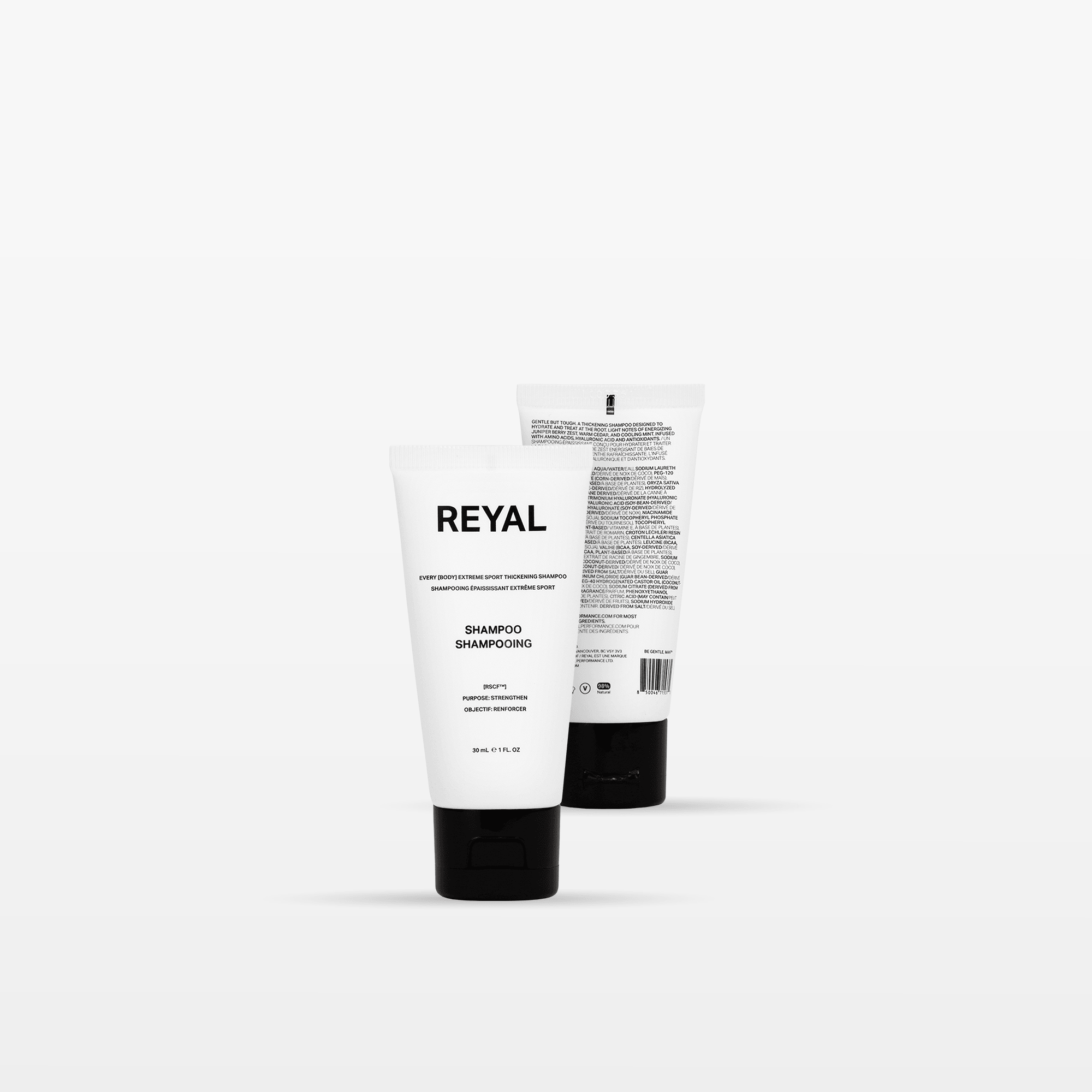 SHOWER EXPERIENCE [TRAVEL] REYAL shampoo tube front and back view, travel-size, cruelty-free.