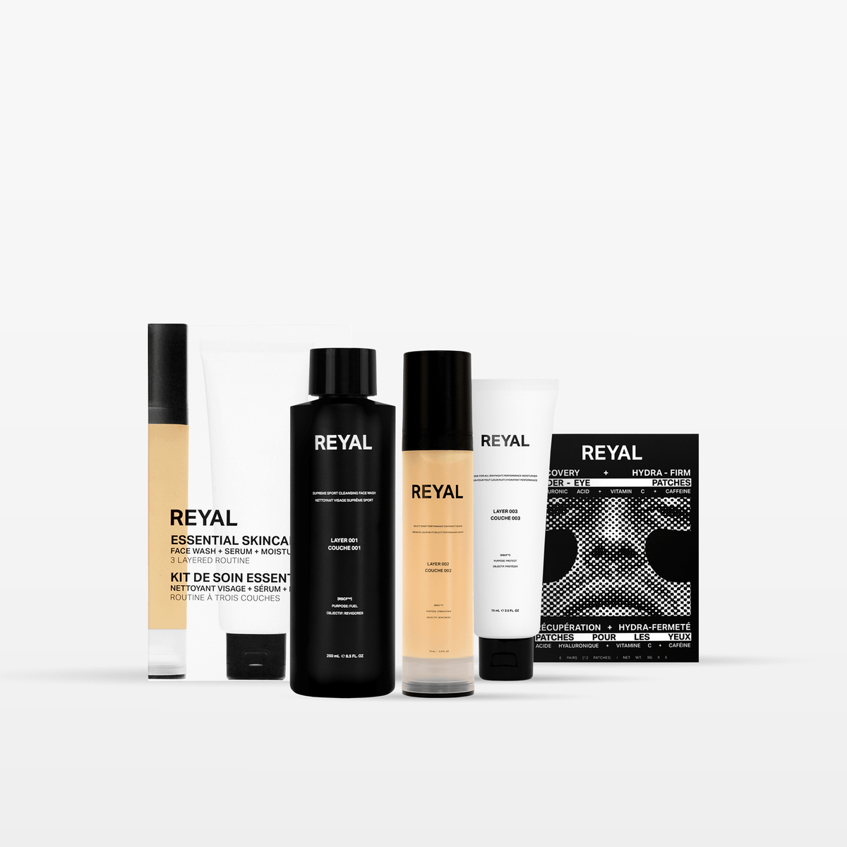 THE FACE CARE ROUTINE with REYAL skincare products including essential cleansing and moisturizing items.