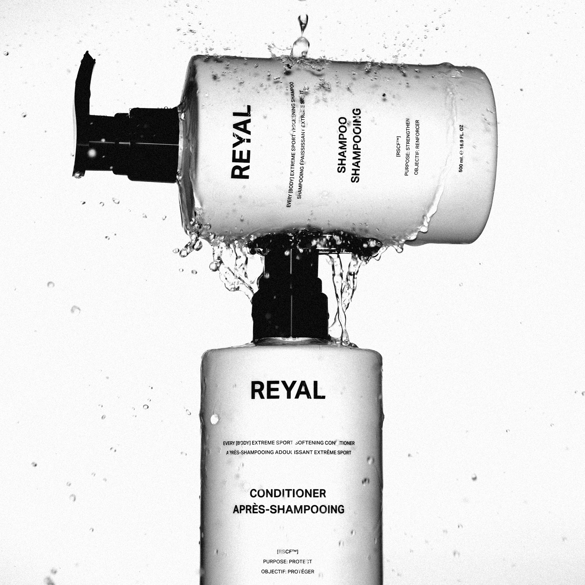 Image of THE HAIR CARE ROUTINE featuring Thickening Shampoo and Softening Conditioner with water splash.