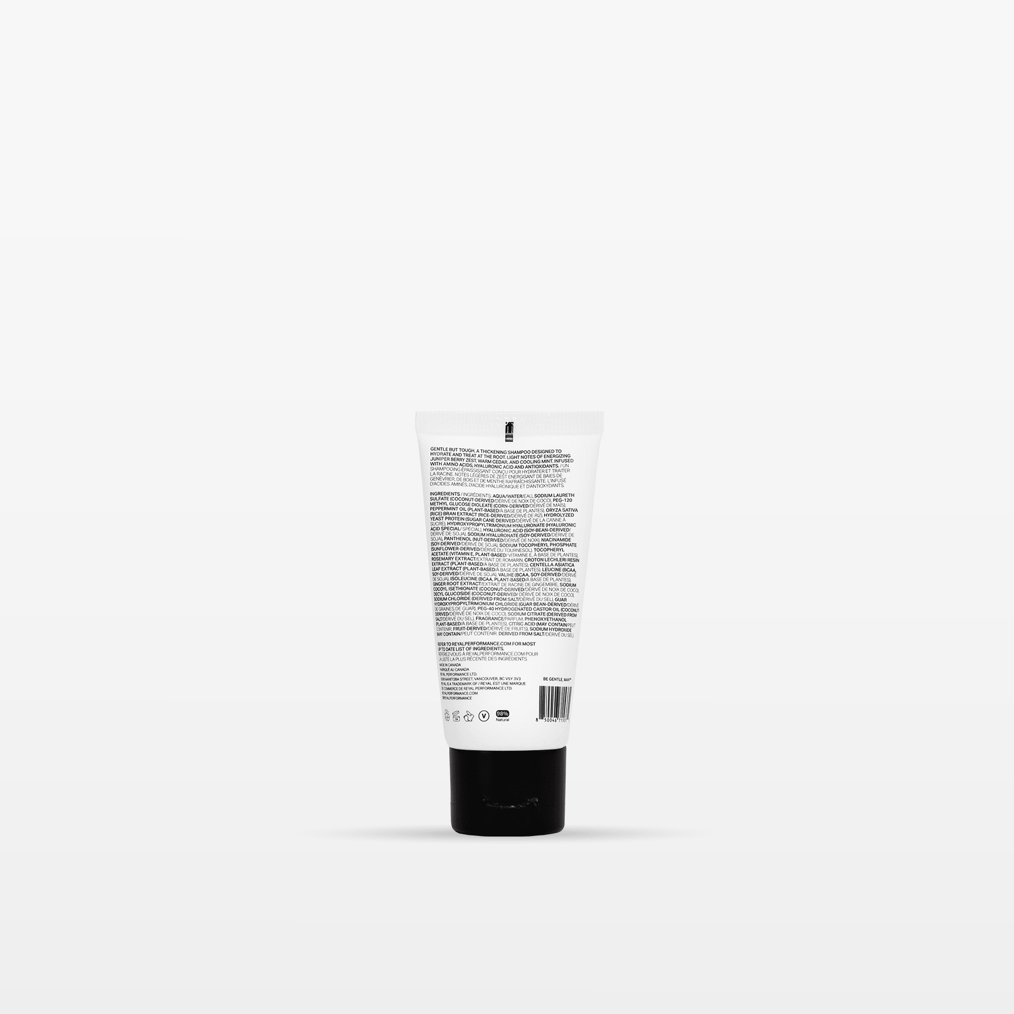 THICKENING SHAMPOO [TRAVEL] tube back view showcasing ingredients and packaging details.